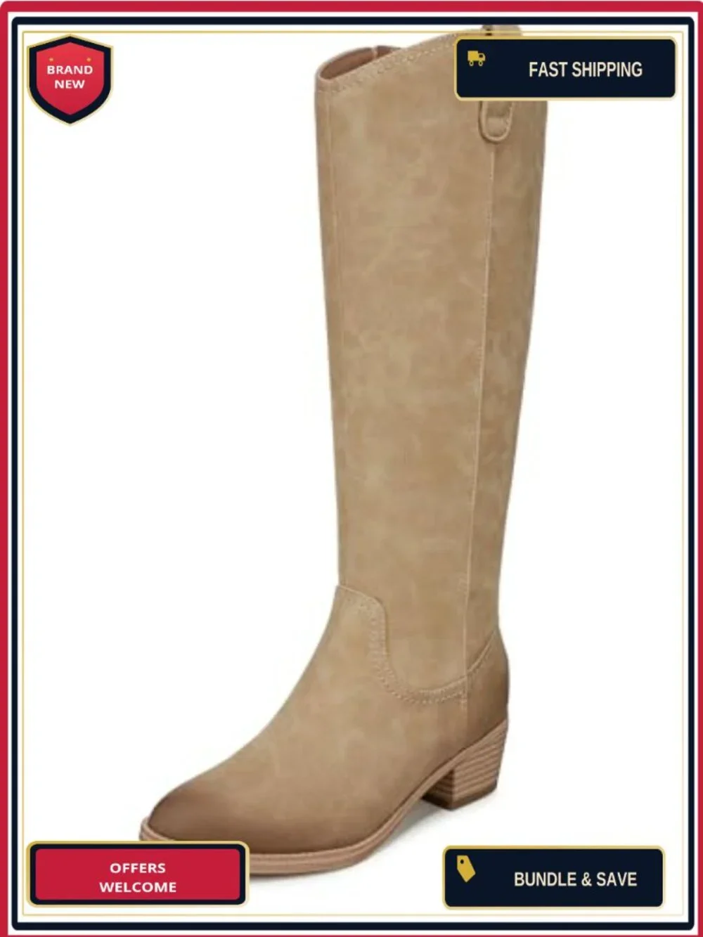 Synthetic Knee-High Western Boots with Block Heel - Women's